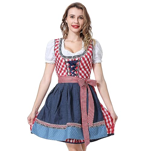 YUUGYD Trachtenkleid Dirndl Damen für Oktoberfest Kostüm 3tlg.- DREI Teilig: Kleid, Bluse, Schürze, für Deutsche Oktoberfest Trachtenkleid, Karneval, Damen Dirndl Kleid - 0049# Rot - 36 von YUUGYD