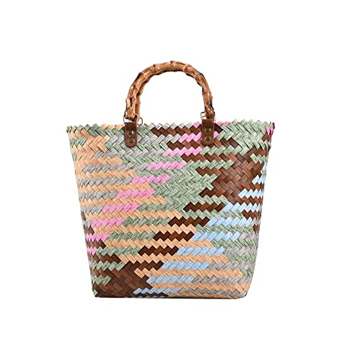YUUJUUI Damen-Strandtasche Mit Farbstreifen, Kontrastierendem Stroh, Bambusgriff, Sommer-Handtasche Mit Großer Kapazität von YUUJUUI