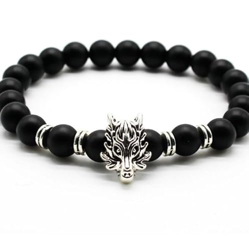YUUKI Edelstein Armband,Natürliches Armband Aus Mattschwarzen Onyxperlen, Silberne Armreifen Mit Drachenkopfkrone, Elastisches Kristallarmband, Modischer Kristallschmuck Für Männer Und Frauen, 10 Mm von YUUKI