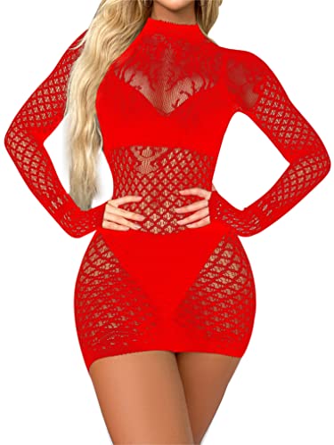 YUUMIN Bodystocking Damen Ouvert Transparent Minikleid Sexy Kurz Bodycon Dessous Kleid Langarm Cut Out Netzkleid Für Sex Erotisch Nachtwäsche Rot One Size von YUUMIN