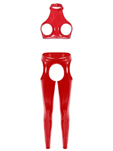 YUUMIN Damen Lack Leder Dessous Frauen Brustfrei Für Sex Neckhoder BH Offene Brüste Cups Latex Leggings Offener Schritt Unterwäsche Erotik Rot XL von YUUMIN