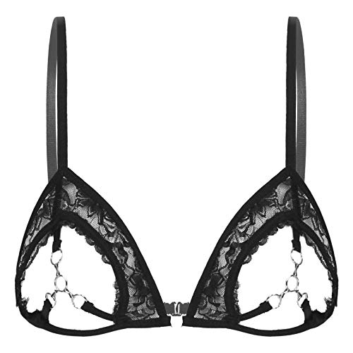 YUUMIN Damen Spitzen BH Ouvert Offene Brüste Cups Sexy Transparent Strappy Bra Mit Metall Kette Tief V-Ausschnitt Ärmellos Shirt Rückenfrei Party Top Kurz Schwarz A L von YUUMIN