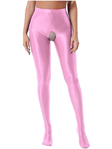 YUUMIN Damen Strumpfhose Offener Schritt Glänzend Stretch Seidenstrumpfhose Blickdicht Crotchless Leggings Pantyhose Ouvert Erotisch Nachtwäsche Rosa XXL von YUUMIN