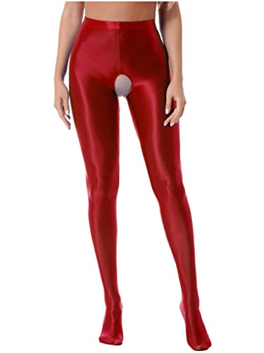 YUUMIN Damen Strumpfhose Offener Schritt Glänzend Stretch Seidenstrumpfhose Blickdicht Crotchless Leggings Pantyhose Ouvert Erotisch Nachtwäsche Rot XXL von YUUMIN