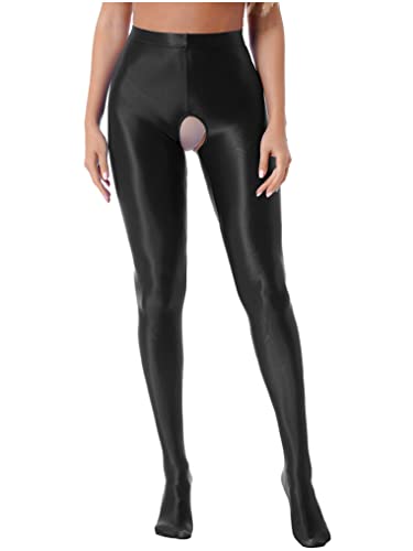 YUUMIN Damen Strumpfhose Offener Schritt Glänzend Stretch Seidenstrumpfhose Blickdicht Crotchless Leggings Pantyhose Ouvert Erotisch Nachtwäsche Schwarz M von YUUMIN