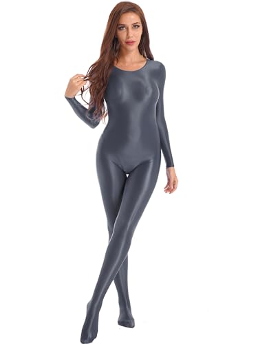 YUUMIN Damen Wetlook Ganzkörper Nylon Body Sexy Langarm/Ärmellos Bodysuit Ganzkörperanzug Glatt Glaze Unterhemd Strumpfhose Dessous Party Clubwear X Grau C XL von YUUMIN