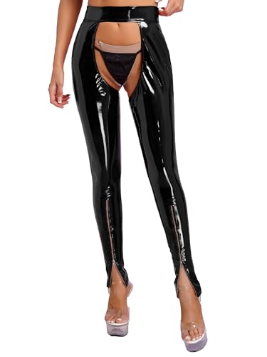 YUUMIN Damen Wetlook Hose Offen Im Schritt Lack Latex Lederhose Sexy Ouvert Crotchless Leggings Lang Eng Gogo Tanz Rave Outfits Schwarz B XL von YUUMIN