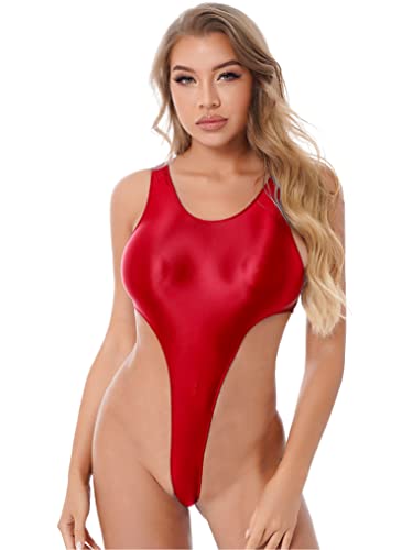 YUUMIN Glossy Bodysuit Damen Sexy Wetlook Ouvert Catsuit Reizwäsche Ärmellos Trikot Leotard Einteiler Hydrasuit Badeanzug Bauchweg Sportlich Rot L von YUUMIN