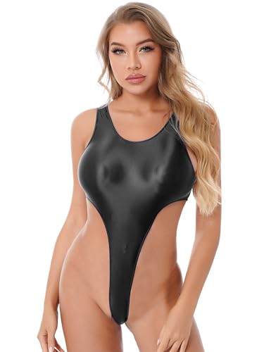 YUUMIN Glossy Bodysuit Damen Sexy Wetlook Ouvert Catsuit Reizwäsche Ärmellos Trikot Leotard Einteiler Hydrasuit Badeanzug Bauchweg Sportlich Schwarz L von YUUMIN