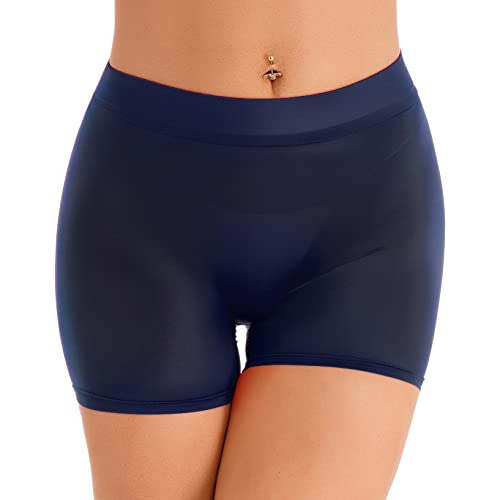 YUUMIN Halb Transparent Shorts Damen Sexy Skinny Kurze Hose Glossy Leggings Stretch Low Waist Dessous Unterwäsche Party Clubwear Navy Blau Einheitsgröße von YUUMIN