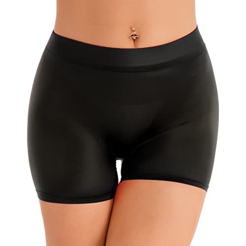 YUUMIN Halb Transparent Shorts Damen Sexy Skinny Kurze Hose Glossy Leggings Stretch Low Waist Dessous Unterwäsche Party Clubwear Schwarz Einheitsgröße von YUUMIN