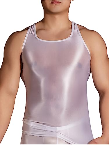 YUUMIN Herren Glossy Shirt Ärmellos Unterhemd Rackback Sport BH Jogging Oberteil Nylon Dessous Öl Glänzend Unterwäsche Party Clubwear Weiß Einheitsgröße von YUUMIN