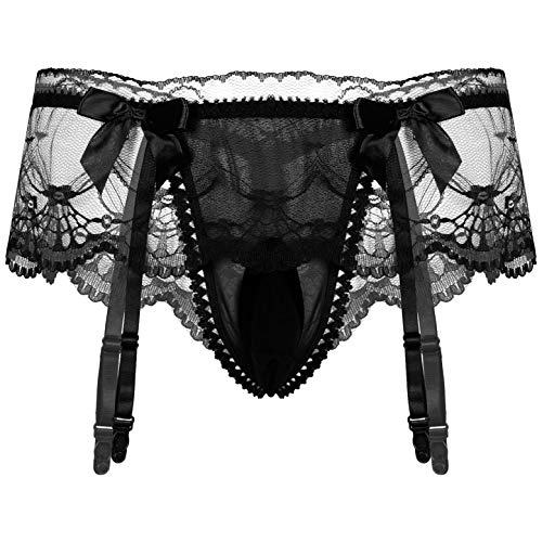 YUUMIN Herren Sissy Transparent Spitze Slip Rüschen Panties Höschen Dessous Sissy Blumenmuster Unterwäsche Mit Strumpfhalter Schwarz One Size von YUUMIN