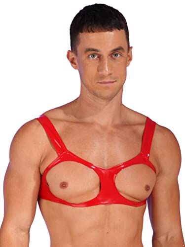 YUUMIN Herren Wetlook Leder BH Ouvert Bra Offene Brüste Cups Harness Gürtel Leder Körper Geschirr Latex Unterwäsche Gay Dessous Party Clubwear Rot L von YUUMIN