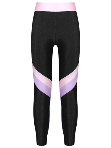 YUUMIN Kinder Mädchen Eiskunstlauf Hose Rollschuh Streifen Patchwork Gymnastikhose Tanzhose Slim Fit High Waist Schlittschuhhosen Sportswear Lavender&RosaB 134-140 von YUUMIN