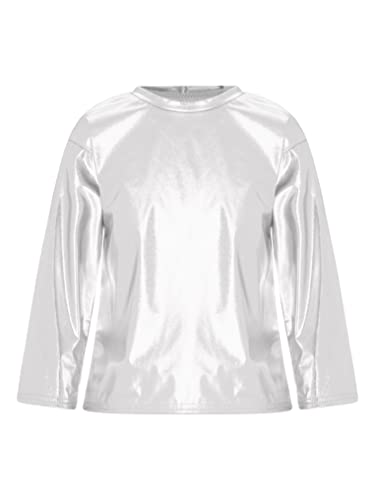 YUUMIN Kinder Mädchen Langarmshirt Metallic Glitzer Shirt Tshirt Locker Slim Fit Rundhals Oberteil Einfarbig Stretch Ballett Tanz Top Für Fasching Karneval Silber 122-128 von YUUMIN