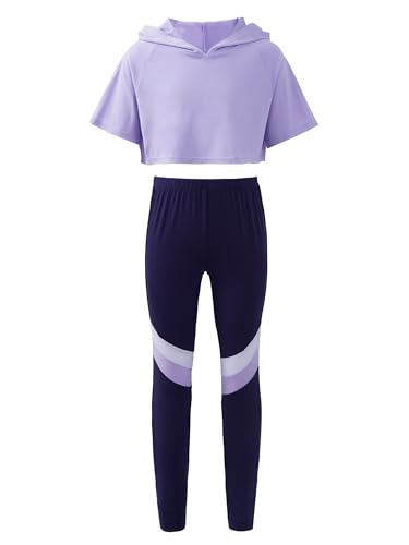 YUUMIN Kinder Mädchen Sportanzüge Jogginganzug Sport Sets Hosen + Crop Top Pullover Bekleidungssets Bauchfrei Mit Kapuze Yoga Fitness Outfit Sportswear AA_Violett 170-176 von YUUMIN