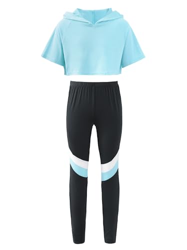 YUUMIN Kinder Mädchen Sportanzüge Jogginganzug Sport Sets Hosen + Crop Top Pullover Bekleidungssets Bauchfrei Mit Kapuze Yoga Fitness Outfit Sportswear B_Blau A 122-128 von YUUMIN