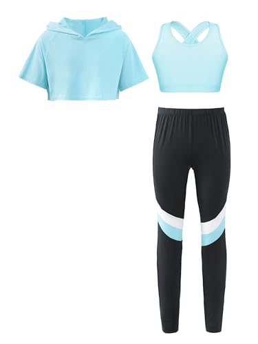 YUUMIN Kinder Mädchen Sportanzüge Jogginganzug Sport Sets Hosen + Crop Top Pullover Bekleidungssets Bauchfrei Mit Kapuze Yoga Fitness Outfit Sportswear Z_Hellblau 170 von YUUMIN