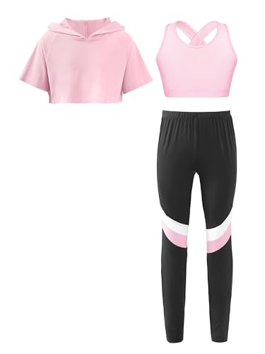 YUUMIN Kinder Mädchen Sportanzüge Jogginganzug Sport Sets Hosen + Crop Top Pullover Bekleidungssets Bauchfrei Mit Kapuze Yoga Fitness Outfit Sportswear Z_Rosa 110-116 von YUUMIN