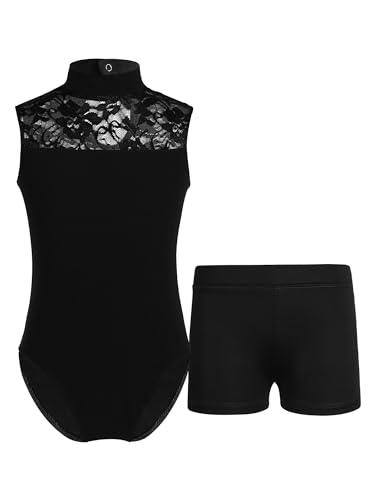 YUUMIN Kinder Mädchen Turnanzug Mit Shorts Tanzbekleidung Spitzen Ballett Body Patchwork Trikot Mit Stretch Turnshorts Kurze Hose 2tlg Trikotanzug Schwarz 158-164 von YUUMIN