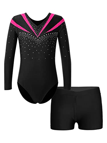 YUUMIN Kinder Strass Turnanzug Mit Shorts Mädchen Langarm Stehkragen Ballett Leotard Gymnastics Patchwork Bodysuit Mit Kurze Hose Leggings Tanzkleidung Hot Pink B 134-140 von YUUMIN