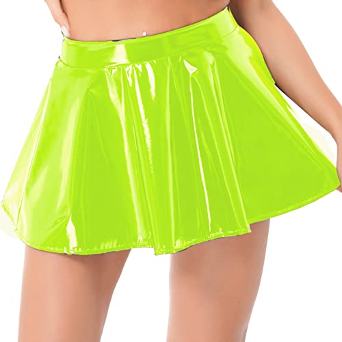 YUUMIN Lack Leder Rock Damen Sexy Wetlook Faltenrock Mini Kurz Glänzend Party Abend Rock A-Linie Sommerrock Elegant Gogo Tanz Rave Outfits Fluorescent Grün 4XL von YUUMIN