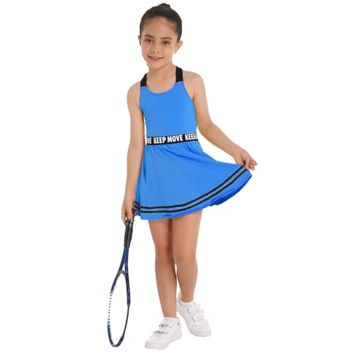 YUUMIN Mädchen Tenniskleid Netballkleid Hockeykleid Mit Shorts Ärmellos Racerback Kleid Trägerkleid Stretch High Waist Tanzshorts 2tlg Sportanzug Set Blau 122-128 von YUUMIN