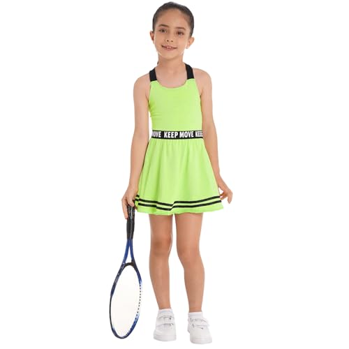 YUUMIN Mädchen Tenniskleid Netballkleid Hockeykleid Mit Shorts Ärmellos Racerback Kleid Trägerkleid Stretch High Waist Tanzshorts 2tlg Sportanzug Set Fluorescent Grün 110-116 von YUUMIN