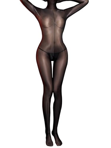 YUUMIN Nylon Body Damen Sexy Ganzkörper Ärmellos Catsuit Ouvert Reizwäsche Mit Reißverschluss Öl Glänzend Overall Jumpsuit Schlafanzug Erotisch Nachtwäsche Schwarz G Einheitsgröße von YUUMIN