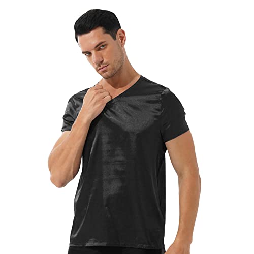 YUUMIN Satin Shirt Pullover Herren Kurzarm Glatt Pyjama Top Schlafshirt Seide Sexy V-Ausschnitt Tshirts Einfarbige Loungewear Nachtwäsche Schwarz L von YUUMIN