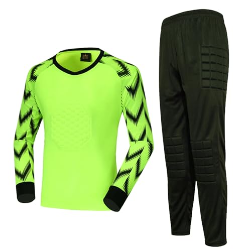 YUUMIN Torwarttrikot Set Kinder Gepolstert Jungen Langarm Torwart Unterziehshirt Patchwrok Kompressionsshirt Torwart Hose Mit Knieschutz Fußballuniform Fluorescent Grün C 140-146 von YUUMIN