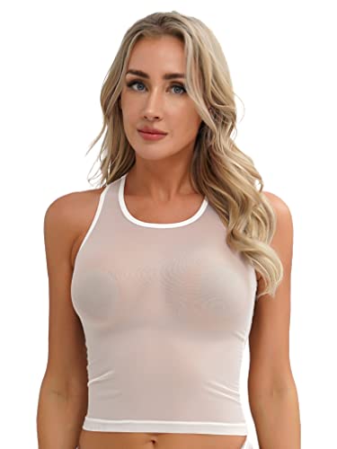 YUUMIN Transparent Shirt Damen Sexy Kurz Ärmellos Unterhemd Mesh Netz Oberteil Erotisch Dessous Sheer Unterwäsche Gogo Tanz Rave Outfits Weiß M von YUUMIN