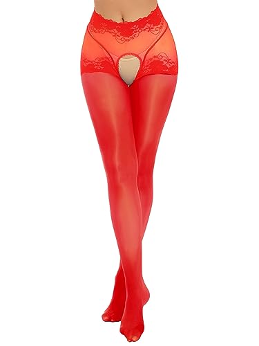 YUUMIN Transparent Strumpfhose Damen Sexy Offener Schritt Dessous Höschen Leggings Open Crotch Stockings Pants Pantyhose Öl Glänzend Clubwear D Rot L von YUUMIN