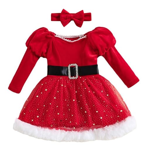 YUUMIN Weihnachten Kleid Kinder Mädchen Langarm Glitzer Strerne Print Samtkleid Partykleid Mit Federbesatz Miss Santa Claus Nikolaus Verkleidung Mit Stirnband Rot B 116-122 von YUUMIN