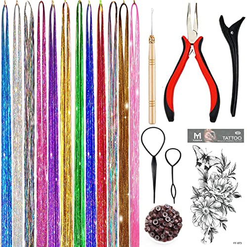 Fairy Hair Extensions Tinsel Kit With Tool 2760 Strands 12 Colors Holographic Hair Tinsel Heat Resistant Sparkling Hair Glitter for Christmas New Year Party (48 Inch) von YUUYEE