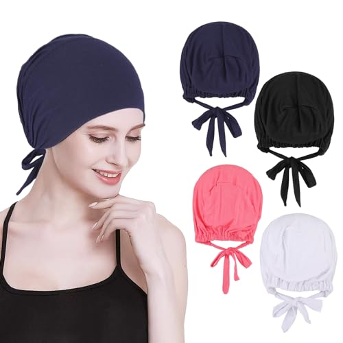 4 Stück Frauen Undercap Hijab, Baumwolle Frauen Unter Schal Hijab Mütze, Islamische Muslimische Turban Kopfbedeckung, Tie Back Closure Solid Color Unter Schal Turban Kopfbedeckung Chemo Kopftuch von YUWJOOWEE