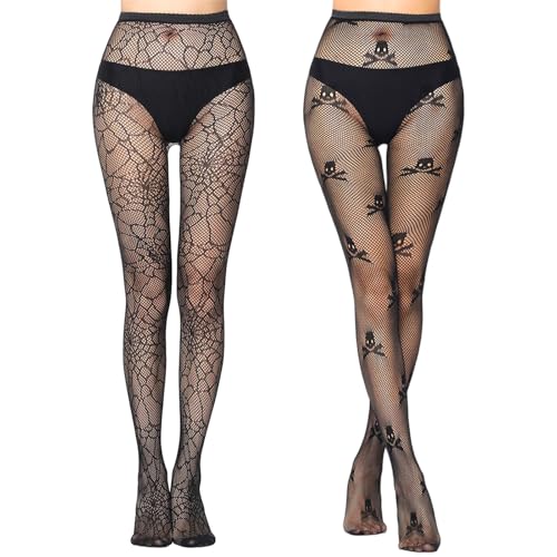 YUWJOOWEE 2 Stück Netzstrumpfhosen Schwarz, Schädel und Spinnennetz Netzstrümpfe Hohe Taille Fischernetz Strumpfhosen Elastisch Hohe Taille Schenkelhohe Strümpfe Strumpfhosen von YUWJOOWEE