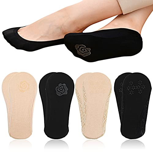 YUWJOOWEE 8 Paar Unsichtbarer Socken Set, Ballerina Socken, 4 Paar Spitze und 4 Paar Eisseide, Rutschfeste Socken, Unsichtbare Atmungsaktiv Halbsocken für Sneakers und Schuhe mit hohen Absätzen von YUWJOOWEE