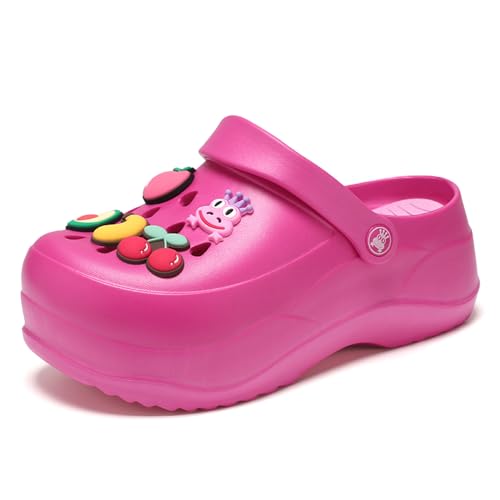 YUWOZIZ Damen Plateau Clogs,2.7 Inch Hoch Plattform Clogs Klassisch Weich Leicht Pantoletten Slip On Slides Schuhe rutschfest Gartenschuhe Abnehmbar Wunderschön Charms Rose 37EU von YUWOZIZ