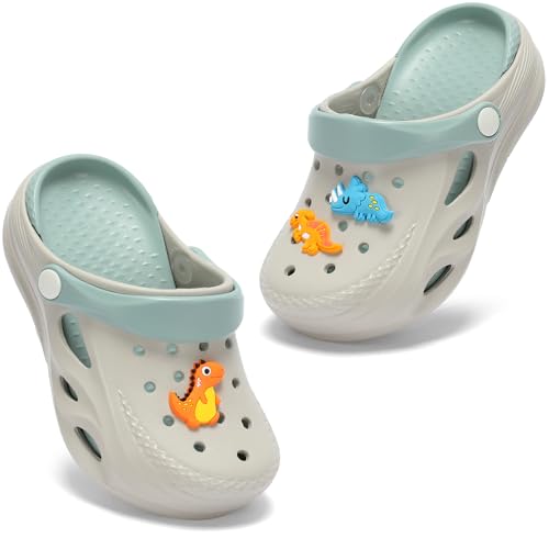 YUWOZIZ Kinder Clogs,Dinosaurier Pantoletten für Jungen Mädchen Weiche und Bequeme Flach Hausschuhe rutschfeste Gartenclogs Leicht rutschfest Sommer Kinder Latschen Gray 24-25 EU von YUWOZIZ