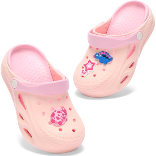 YUWOZIZ Kinder Clogs,Dinosaurier Pantoletten für Jungen Mädchen Weiche und Bequeme Flach Hausschuhe rutschfeste Gartenclogs Leicht rutschfest Sommer Kinder Latschen Rosa 26-27 EU von YUWOZIZ