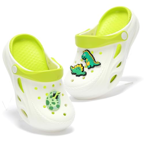 YUWOZIZ Kinder Clogs,Dinosaurier Pantoletten für Jungen Mädchen Weiche und Bequeme Flach Hausschuhe rutschfeste Gartenclogs Leicht rutschfest Sommer Kinder Latschen Weiß 30-31 EU von YUWOZIZ