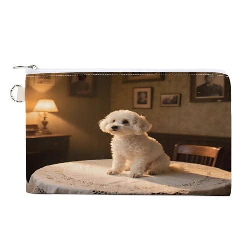 Bichon Frise at Home Münzgeldbörse mit Reißverschluss, Segeltuch, Kleingeldgeldbörse, tragbare Münztasche für Männer und Frauen, kleine Kosmetiktasche, Bichon Frisé zu Hause, Einheitsgröße, Kleine von YUXBVKRS