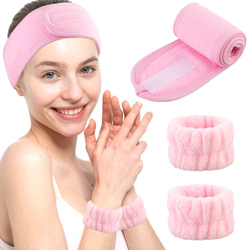 3 teiliges Spa Stirnband Make up Haarband Stretch Frottee Stirnbänder Gesichtswasch Armband Set Make up Stirnbänder Handgelenkhandtücher zum Waschen des Gesichts Bad Hautpflege Yoga Sport Rosa von YUXIANLB