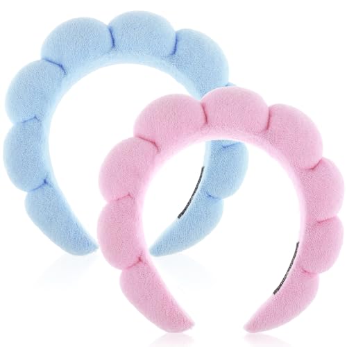 Spa Stirnbänder für Frauen 2er Set Schwamm Stirnband Zum Waschen Von Gesicht Oder Gesichtsbehandlung Hautpflege Stirnband Make Up Frottee Stoff Bauschiges Duschhaar Accessoire (Rosa Blau) von YUXIANLB