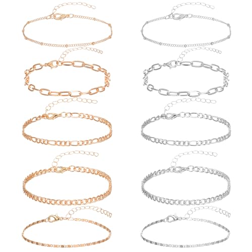 YUXIANLB Knöchelketten Set Gold 10 Stück Silber Stapelbare Fußkettchen mit verstellbarer Länge Elegante Anklets für Sommer Strand Party Festival Hochzeit Trendy geschichtete Fußketten für Strandmode von YUXIANLB