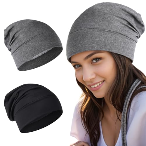 YUXIANLB 2 x Satin Seidenhaube Schlafkappe für Damen und Herren Haarhaube zum Schlafen mit Satin gefüttert Schlafkappe Haarhaube weiche und elastische Haarkappe (1 schwarz + 1 dunkelgrau) von YUXIANLB