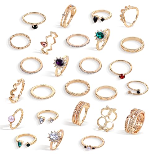 YUXIANLB 26 Teiliges Vintage Stapelring Set in Gold Boho Knöchel Kristallringe für Frauen zierliche Midi Fingerschmuck Ringe mit funkelnden Kristallen Schlichtes Design für Alltag besondere Anlässe von YUXIANLB