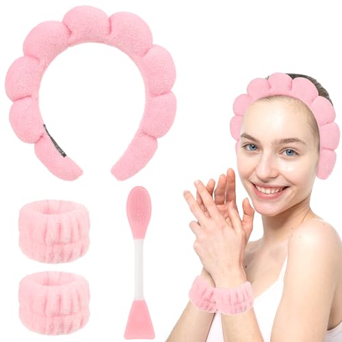 4-Teiliges Skincare Haarreif Spa Haarband Set Make Up Facial Care Headband mit Schwammiges Stirnband und Armbänder mit Maskenbürste von YUXIANLB